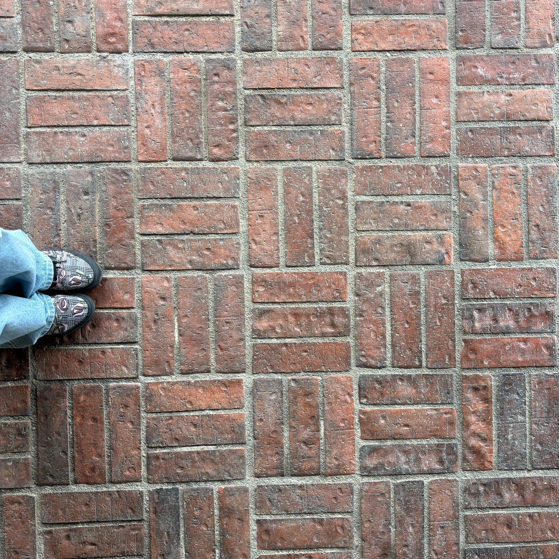 Brick pavement with a person's feet at the bottom
